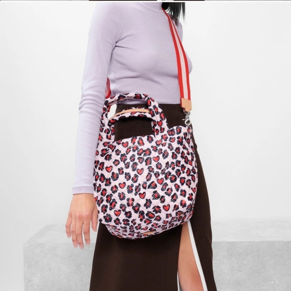MZ Wallace Pink Heart Leopard Quilted Tote with Red Strap Accents